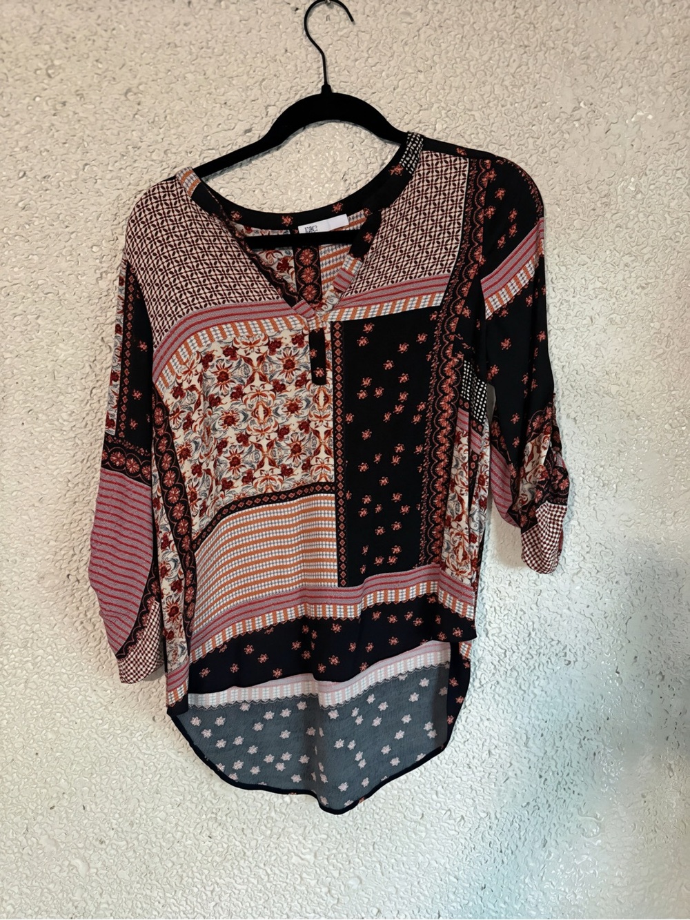 DR2 Boho Patchwork & Floral V-Neck Blouse Sz M